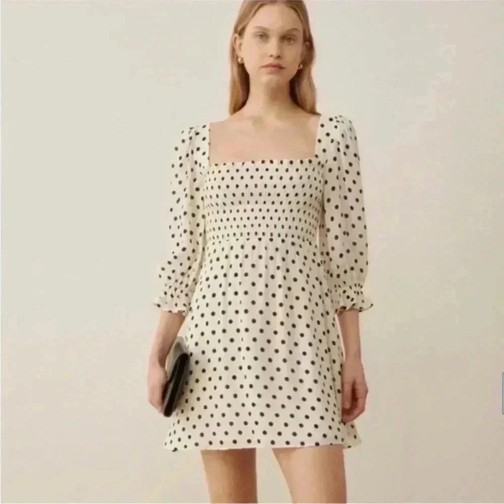 New with tags Reformation Zaria Smocked Bodice Polka Dot Mini Dress - Picture 8 of 9